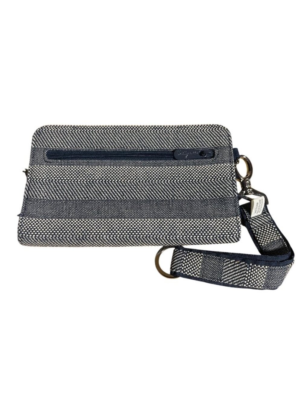 Thirty One Perfect Cents Zip Arountd Wallet Navy Blue White Striped Woven Fabric